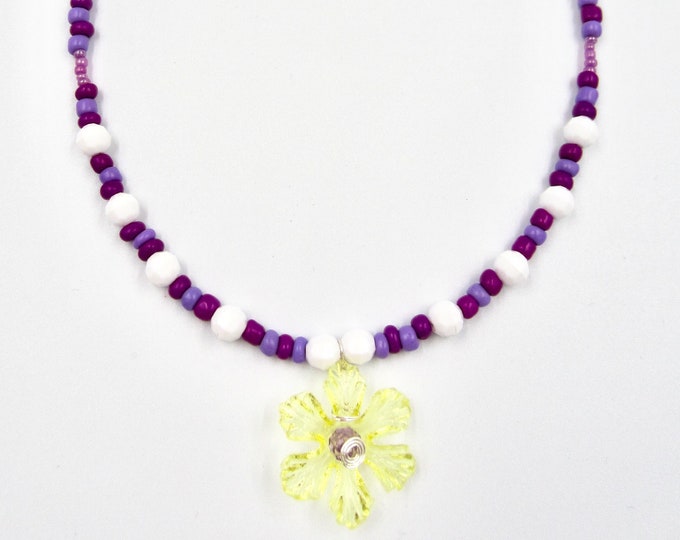 Yellow Flower Pendant Purple Beaded Necklace by Lauren Jay Designs