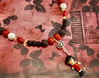 1990 Polly Pocket Minny Doll Pendant Red, Black and White Beaded Necklace by Lauren Jay Designs