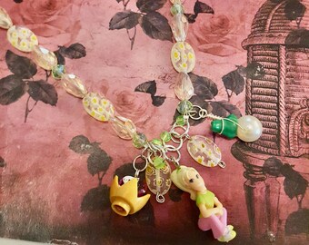 Polly Pocket Doll, Crown and Frog Pendant Green and Pink Beaded Necklace by Lauren Jay Designs