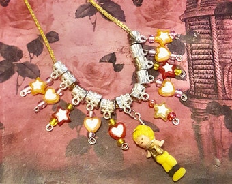 1990s Polly Pocket Beaded Pendant Necklace, Gold Chain