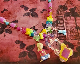 Polly Pocket Doll and Teddy Bear Pendant Rainbow Beaded Necklace by Lauren Jay Designs