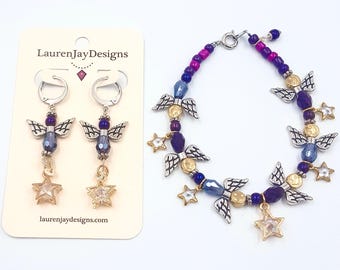 Purple Fairy Angel Crystal Star Beaded Earrings and Beaded Bracelet by Lauren Jay Designs