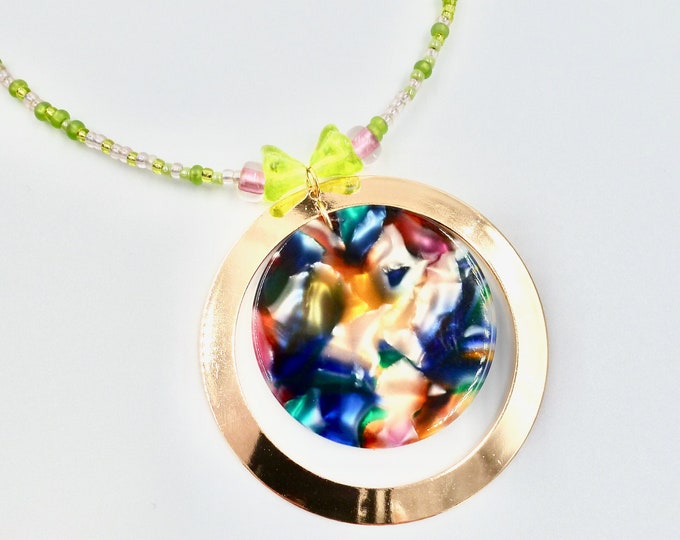 Rainbow Marbled Gold Ring Pendant Green and Pink Beaded Necklace by Lauren Jay Designs