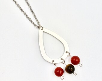Silver and Red Beaded Pendant Chain Necklace