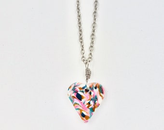 Valentine's Day Colourful Polymer Clay Heart Pendant Silver Chain Necklace by Lauren Jay Designs