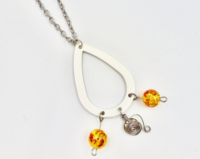 Silver, Yellow and Orange Beaded Pendant Chain Necklace