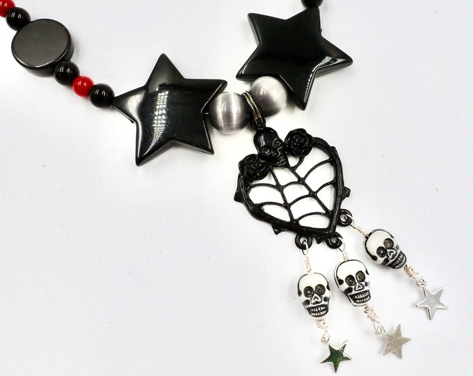 Halloween Spider Web Skull Pendant Black and Red Star Beaded Necklace by Lauren Jay Designs