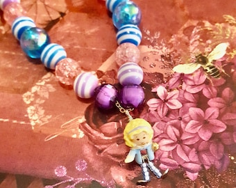 1992 Polly Pocket Doll Pendant Purple, Pink and Blue Beaded Chain Necklace by Lauren Jay Designs