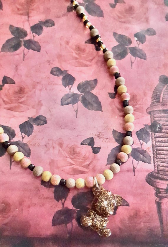 Halloween Gummy Bear Pendant Black and Gold Beaded Necklace by Lauren Jay Designs