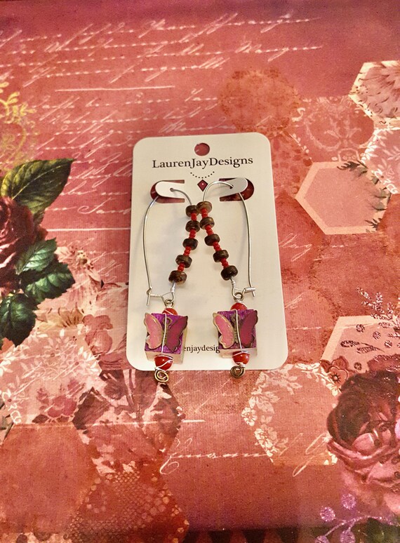 Butterfly Wooden Cube Pendant Red, Purple, Gold and Brown Beaded Long Hook Dangle Earrings by Lauren Jay Designs
