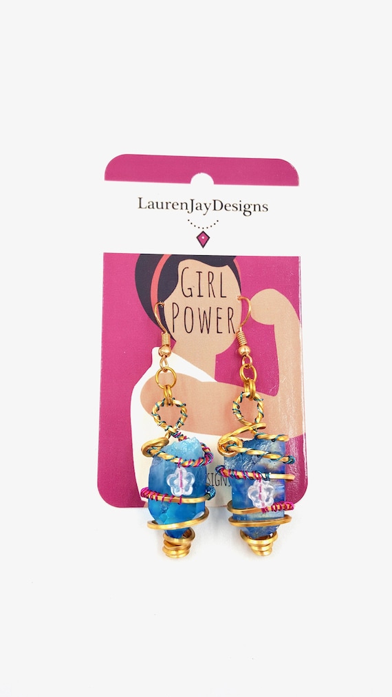 Floral Blue Crystal Gold Spiral Wire Wrapped Dangle Earrings by Lauren Jay Designs