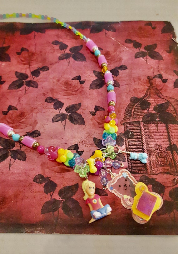 Polly Pocket Doll and Teddy Bear Pendant Rainbow Beaded Necklace by Lauren Jay Designs