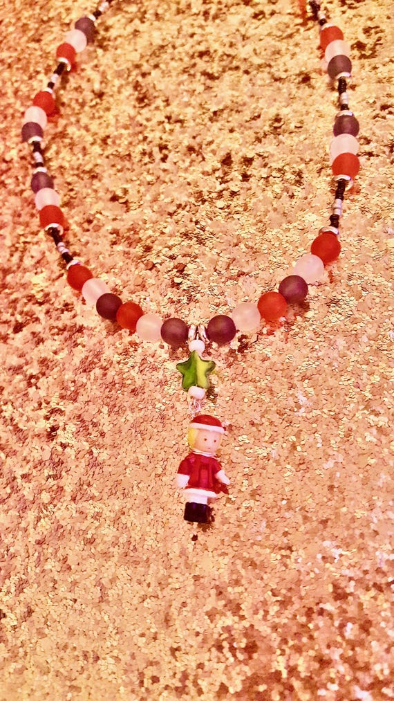 Polly Pocket Christmas Santa Pendant Necklace, Red White Black Beaded, Silver Wire Wrapped
