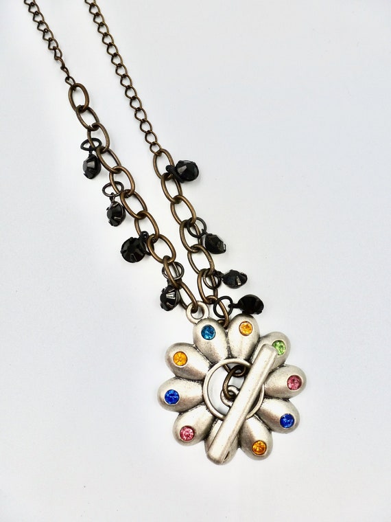 Rainbow Rhinestone Chrome Flower Clasp Pendant Black Beaded Copper Chain Necklace by Lauren Jay Designs