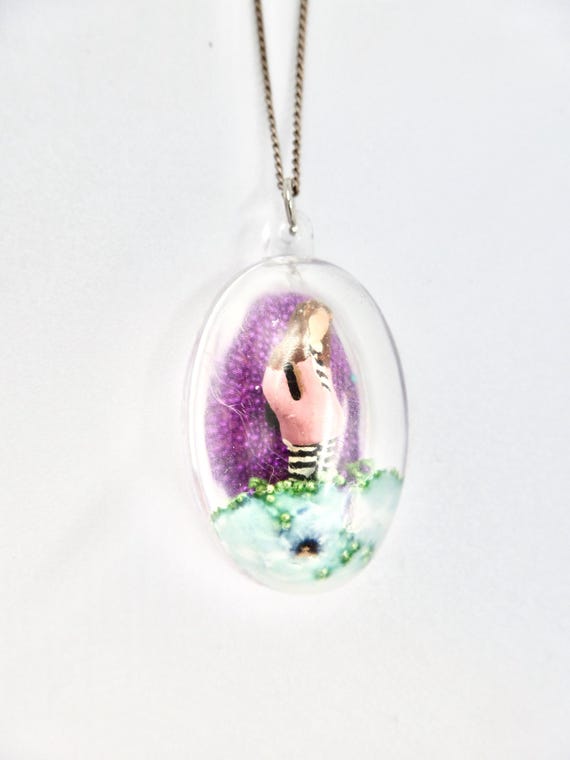 Polly Pocket Miniature Girl in Pink Doll In The Purple and Green Beaded Park Dome Pendant Chrome Chain Necklace by Lauren Jay Designs