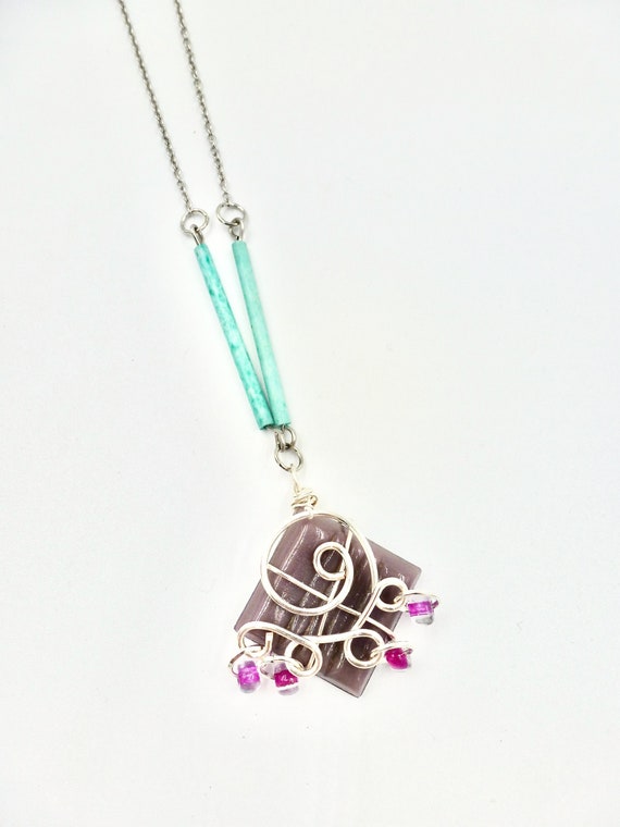 Purple Tile Silver Spiral Wire Wrapped Pink Beaded Pendant Blue Beaded Silver Chain Necklace by Lauren Jay Designs