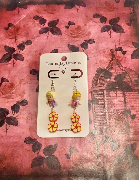 Polly Pocket Pink Doll Red and Yellow Flower Dangle Earrings by Lauren Jay Designs