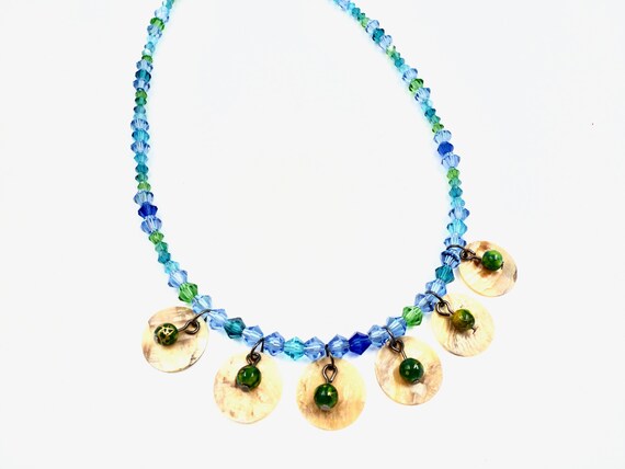 6 Shell Pendant Beach Themed Blue Beaded Necklace by Lauren Jay Designs