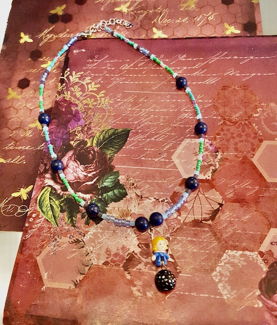 1994 Polly Pocket Torry Pendant Navy and Green Beaded Necklace by Lauren Jay Designs