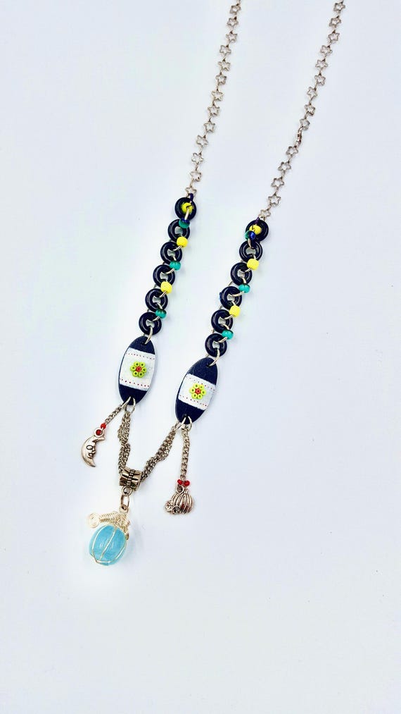 Halloween Aquamarine Crystal Pumpkin & Moon Pendant Beaded Star Chain Necklace by Lauren Jay Designs