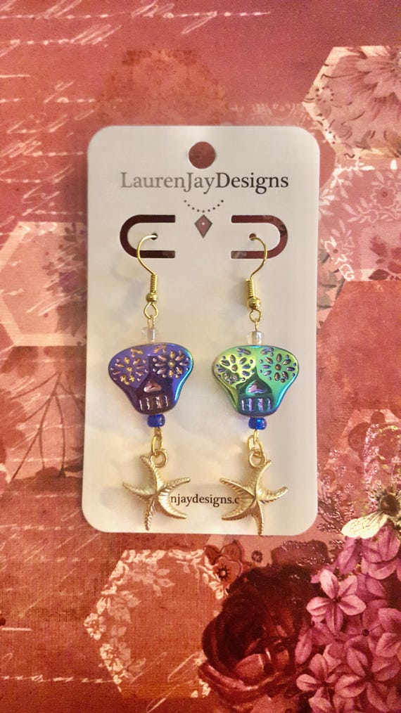 Halloween Blue Sugar Skull Gold Starfish Beaded Dangle Earrings by Lauren Jay Designs