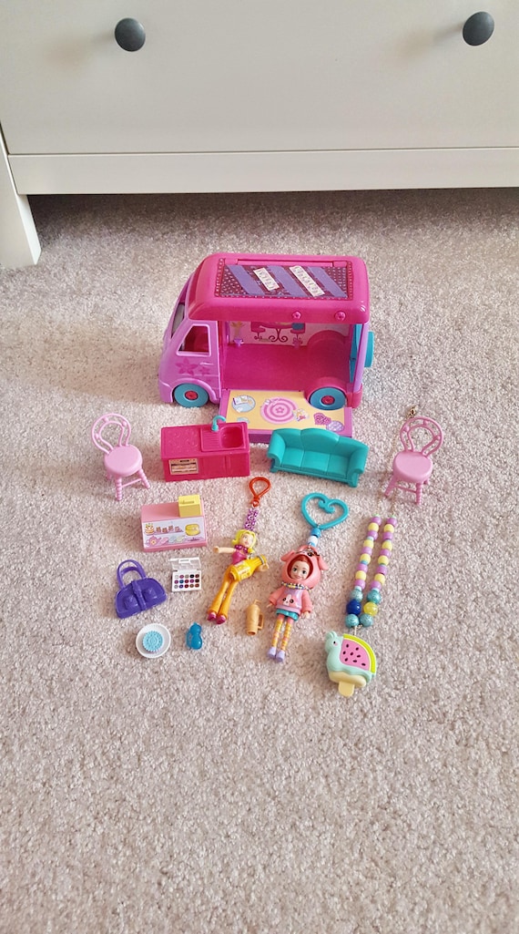 Polly Pocket Purple Restaurant Camper Van/Food Truck with 2 Doll Keychains, Necklace and Furniture
