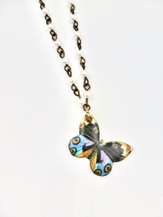 Black, Blue and Orange Butterfly Pendant Pearl Beaded Copper Chain Necklaces by Lauren Jay Designs