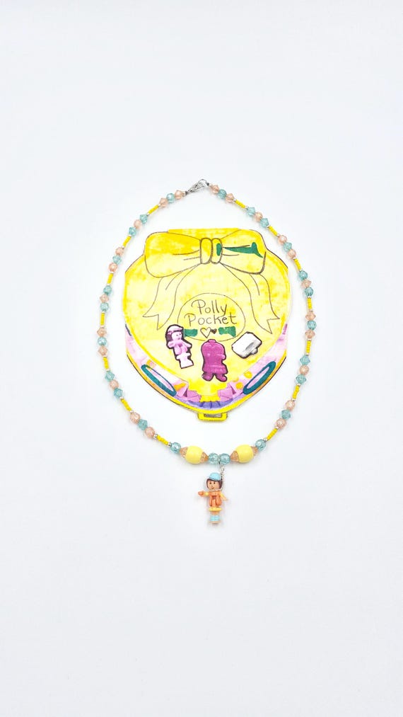 1992 Polly Pocket Patty Doll Pendant Necklace, Beaded Yellow Orange Blue, Lauren Jay Designs