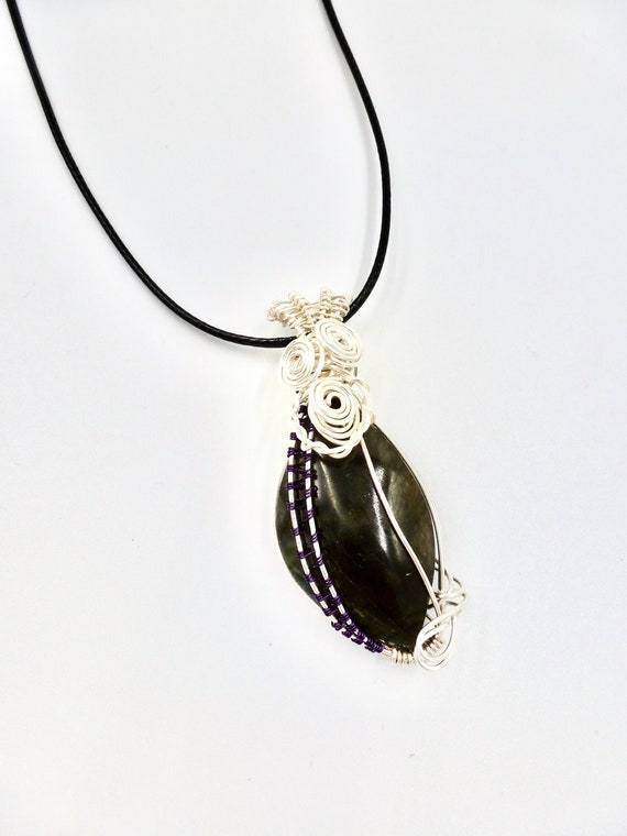 Labradorite Gemstone Silver and Purple Wire Wrapped Pendant Black Cord Necklace by Lauren Jay Designs