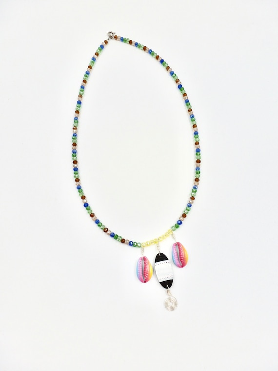 Surfboard and Rainbow Shell Pendant Beaded Necklace by Lauren Jay Designs