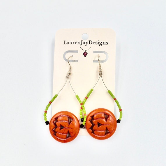 Halloween Pumpkin Jack-O-Lantern Orange and Green Beaded Dangle Earrings by Lauren Jay Designs