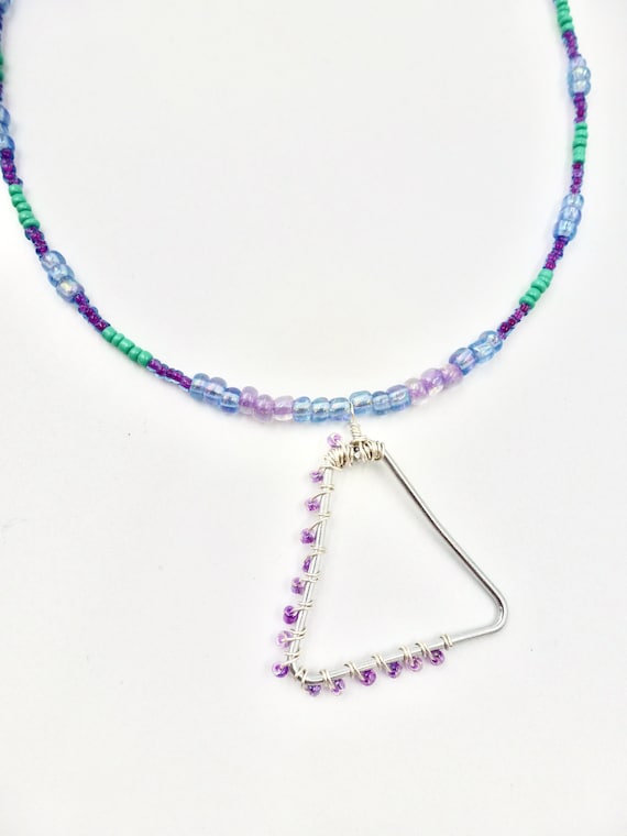 Triangle Beaded Pendant Purple and Teal Beaded Necklace by Lauren Jay Designs