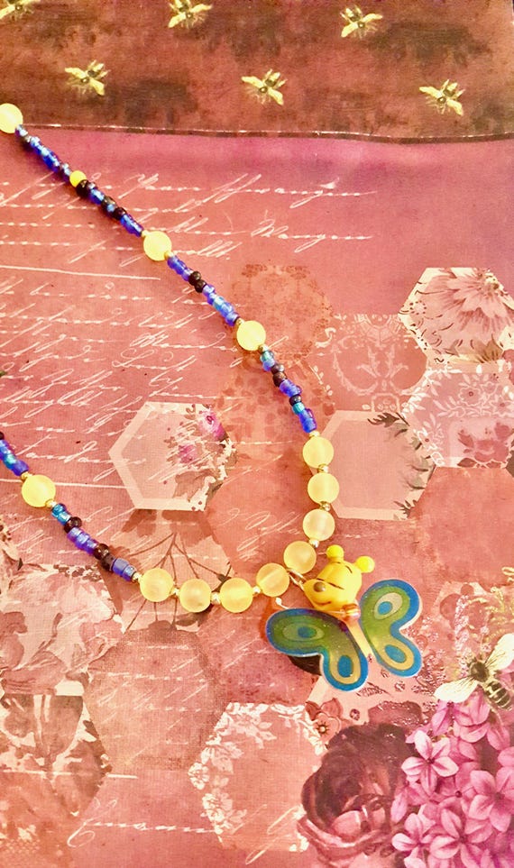 Vintage Kinder Surprise Reading Butterfly Pendant Orange and Blue Beaded Necklace by Lauren Jay Designs