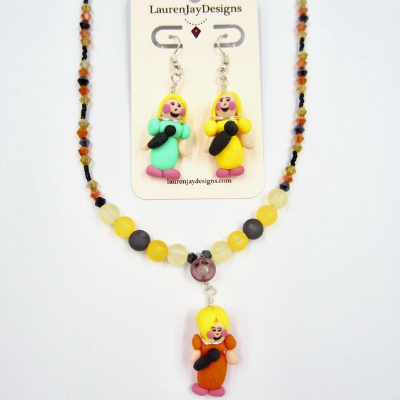 Polly Pocket Singer Pendant Beaded Necklace and Earring Set by Lauren Jay Designs