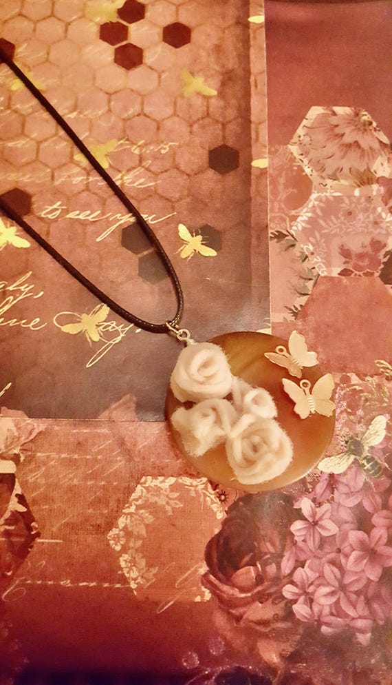 Pink Rose and Copper Butterfly Orange Stone Doughnut Pendant Black Cord Necklace by Lauren Jay Designs