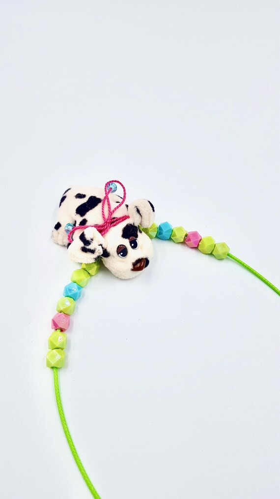 Pound Puppies Stuffed Dog with a Bow Pendant Beaded Green Cord Necklace by Lauren Jay Designs