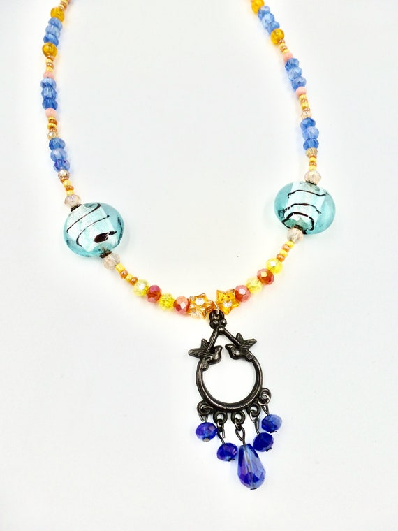 Blue Bird Pendant Yellow and Orange Beaded Necklace by Lauren Jay Designs