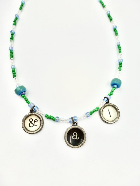 Typewriter Themed Letter Pendant Blue Beaded Necklace by Lauren Jay Designs