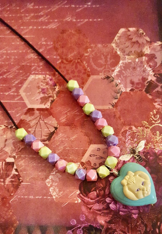 1994 Polly Pocket My Pet Bunny Doll Pendant Beaded Cord Necklace by Lauren Jay Designs