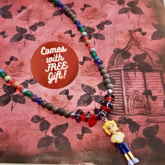 Polly Pocket Race To The Mall Heart Pendant Beaded Necklace by Lauren Jay Designs