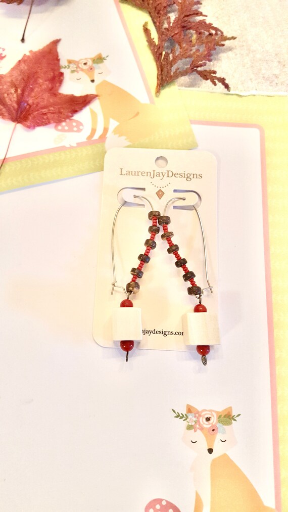 Wooden Cube Red and Brown Beaded Long Hook Dangle Earrings by Lauren Jay Designs