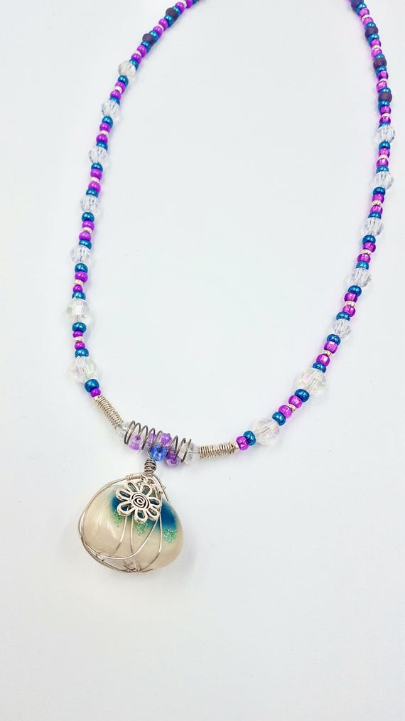 Floral Blue and White Wire Wrapped Stone Pendant Purple, Pink, Blue and Silver Beaded Necklace by Lauren Jay Designs