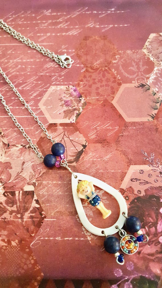 1993 Polly Pocket Water Fun Park Doll Silver Teardrop Pendant Beaded Silver Chain Necklace by Lauren Jay Designs