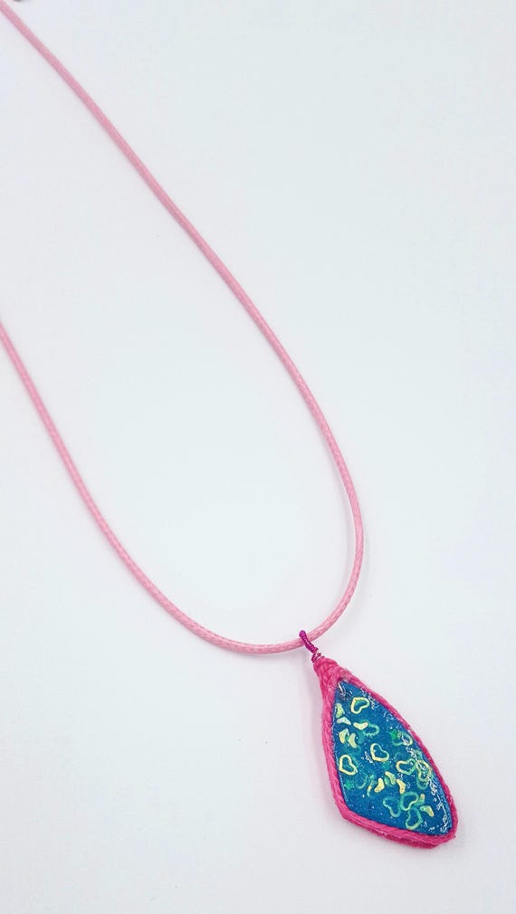 Teal Resin Gold Heart Sparkle Triangle Pendant with Pink Border on Pink Cord Necklaces by Lauren Jay Designs