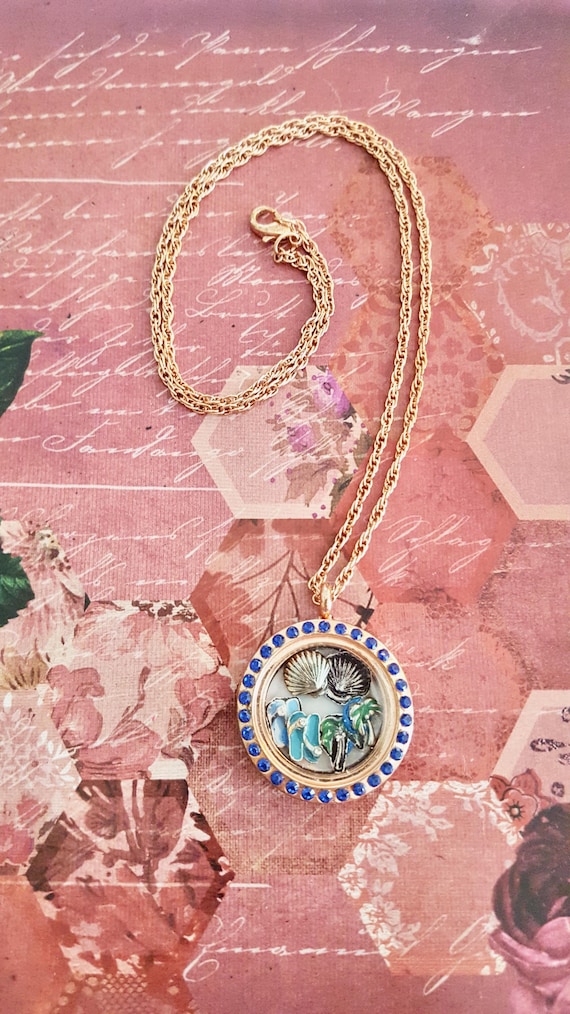 Seashell, Sandals and Palm Tree Beach Themed Blue Floating Charm Pendant Copper Chain Necklace by Lauren Jay Designs