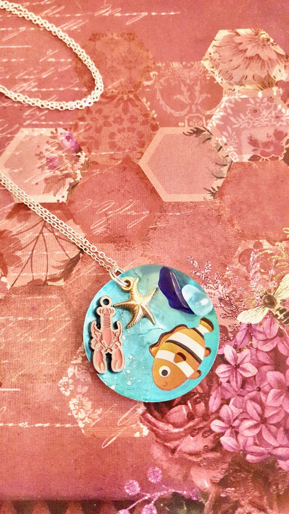 Under The Sea Starfish, Lobster, Clown Fish and Sea Glass Blue Shell Pendant Beaded Chain Necklace by Lauren Jay Designs