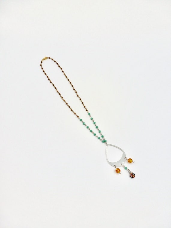 Silver Beaded Pendant Teal and Gold Beaded Chain Necklace