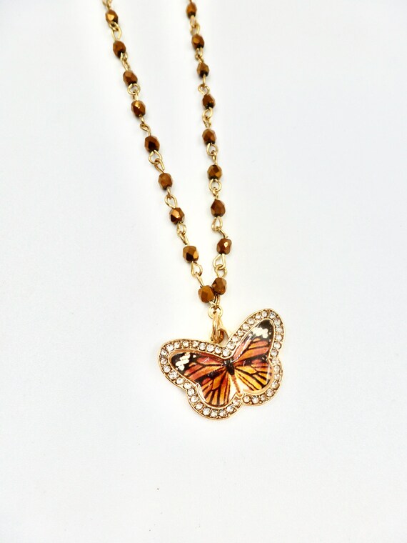 Orange, Black and Gold Monarch Butterfly Faux Diamond Pendant Brown Beaded Gold Chain Necklace by Lauren Jay Designs