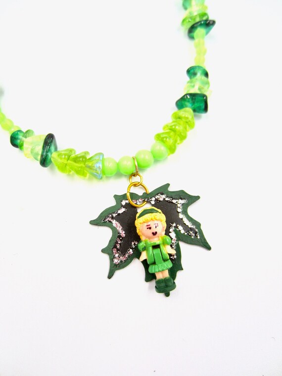 Polly Pocket Green Leaf Pendant Beaded Necklace by Lauren Jay Designs