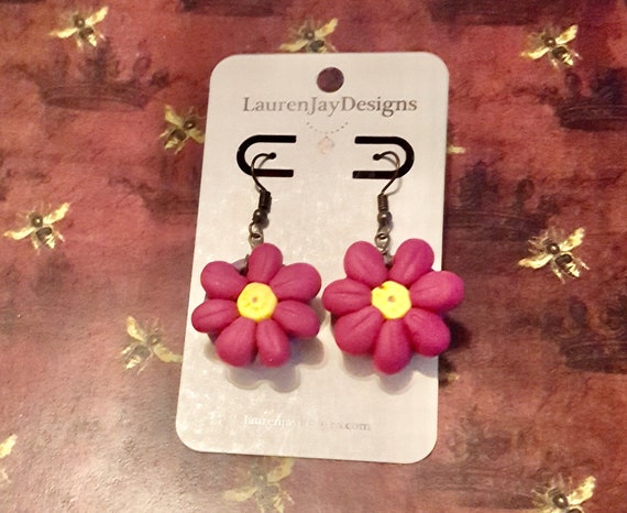 Summer Flower Pink, Purple and Yellow Polymer Clay Dangle Earrings by Lauren Jay Designs